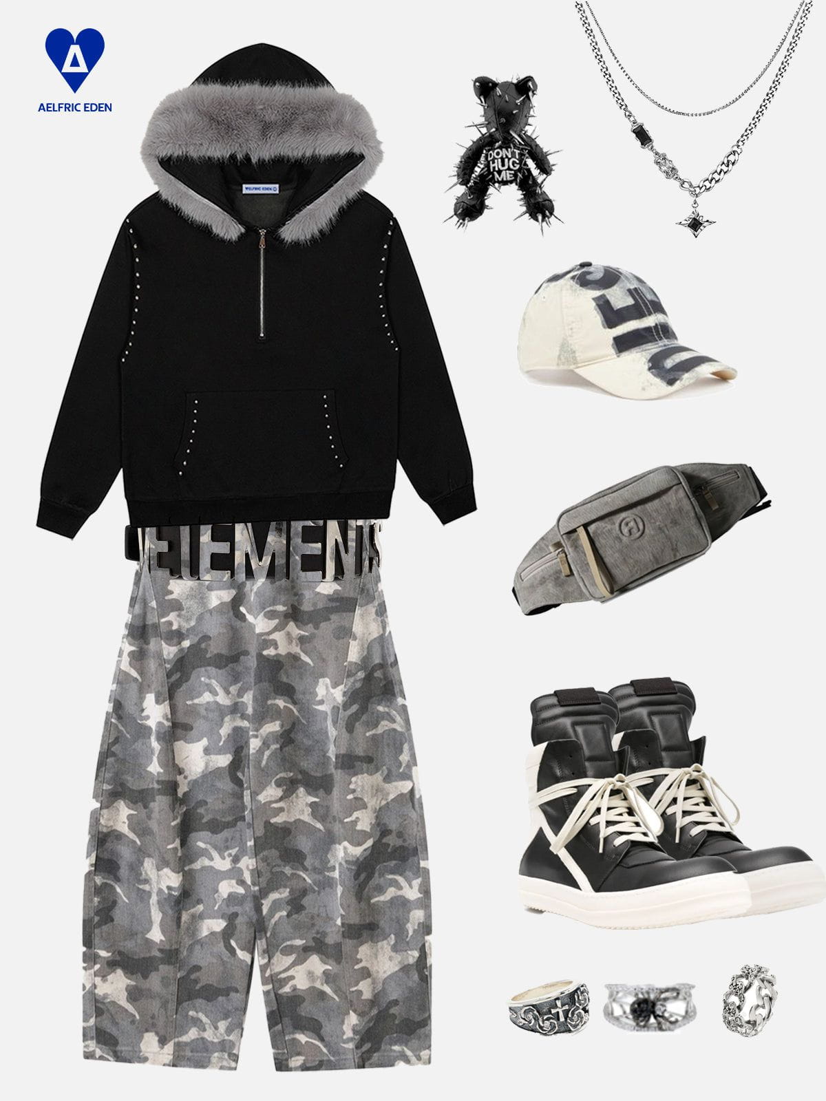 Aelfric Eden Rivet Faux Fur Collar Half Zip Up Hoodie - Image 3