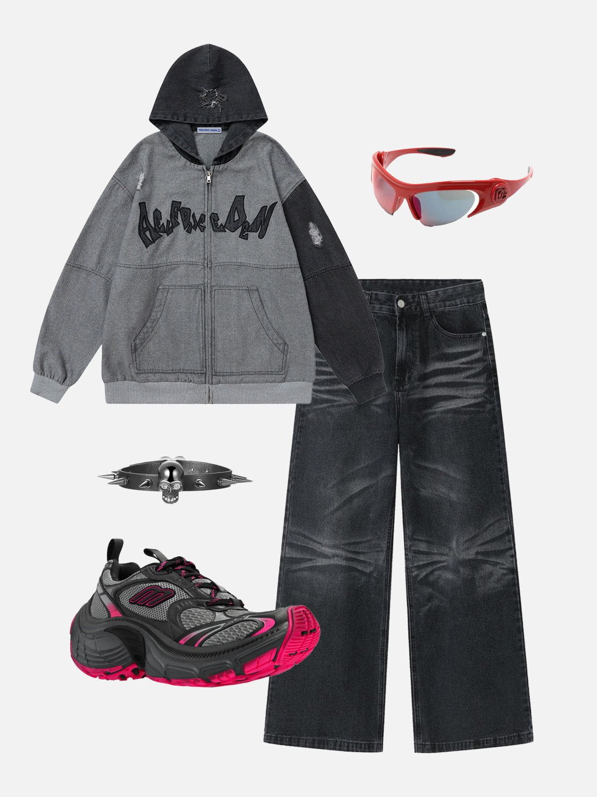 Aelfric Eden Denim Patchwork Zip Up Hoodie - Image 4