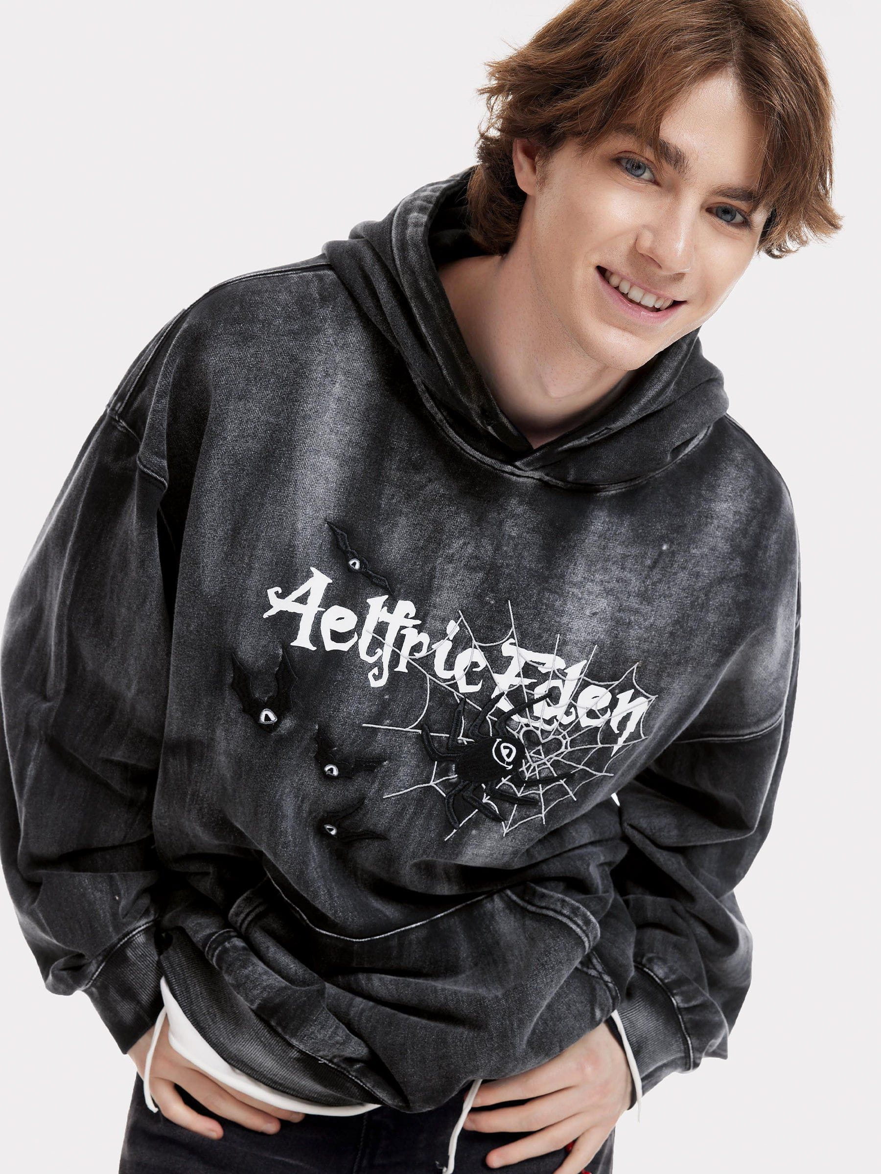 Aelfric Eden Embroidery Bat Spider Washed Pullover Hoodie - Image 6
