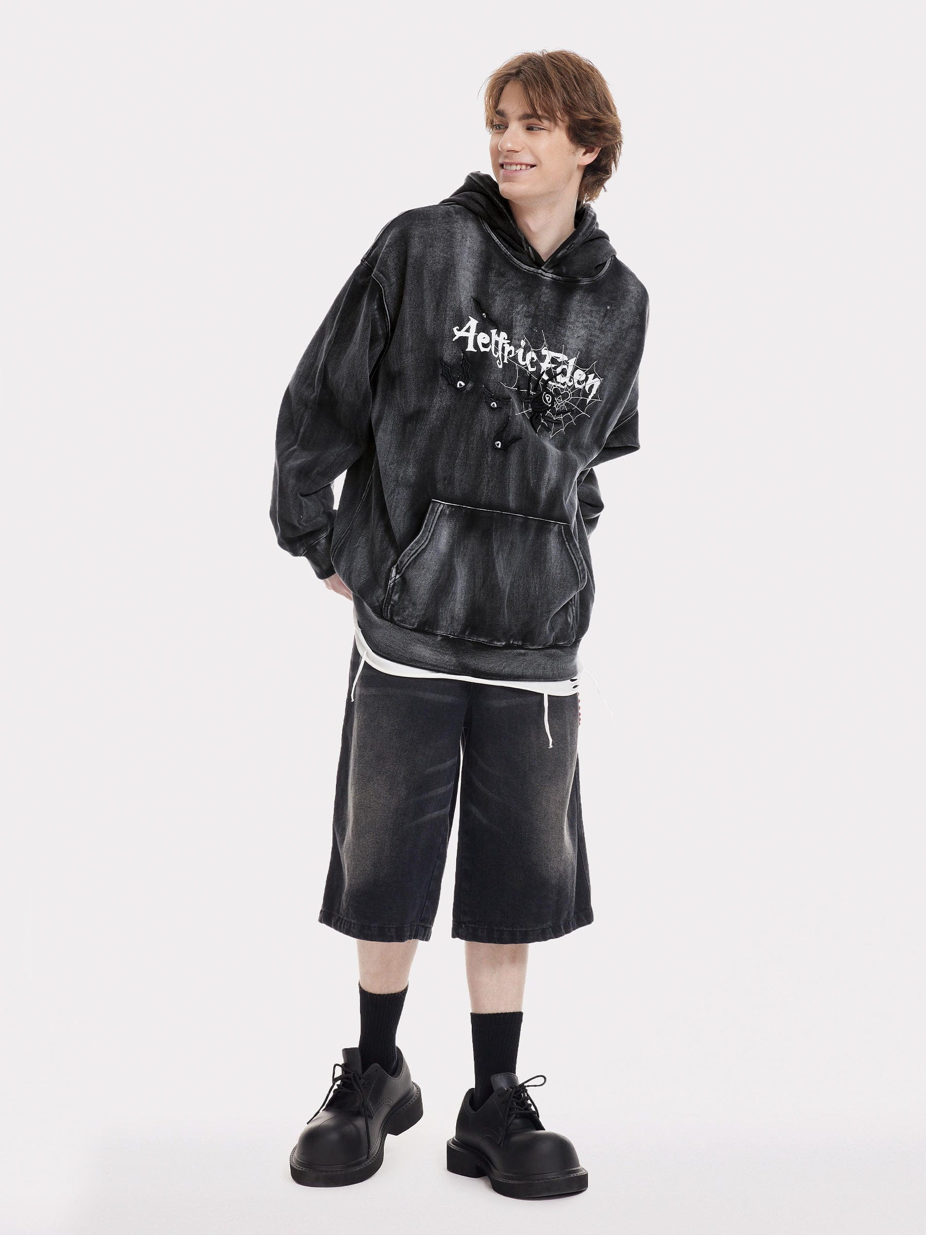 Aelfric Eden Embroidery Bat Spider Washed Pullover Hoodie - Image 4