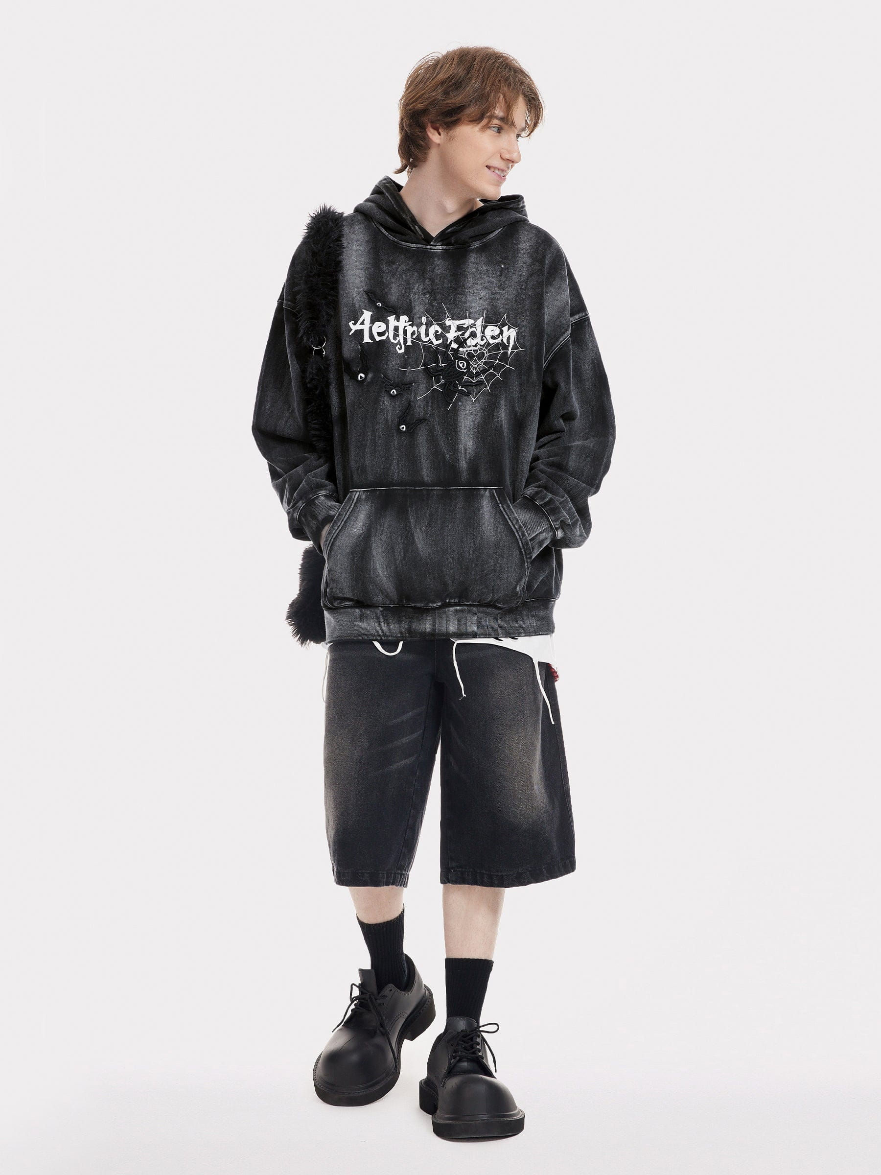 Aelfric Eden Embroidery Bat Spider Washed Pullover Hoodie - Image 2