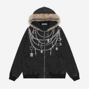 Aelfric Eden Chain Print Faux Fur Collar Zip Up Hoodie