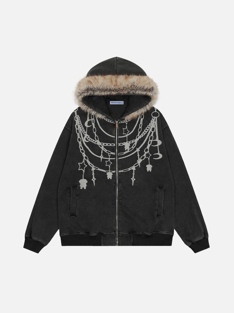 Aelfric Eden Chain Print Faux Fur Collar Zip Up Hoodie