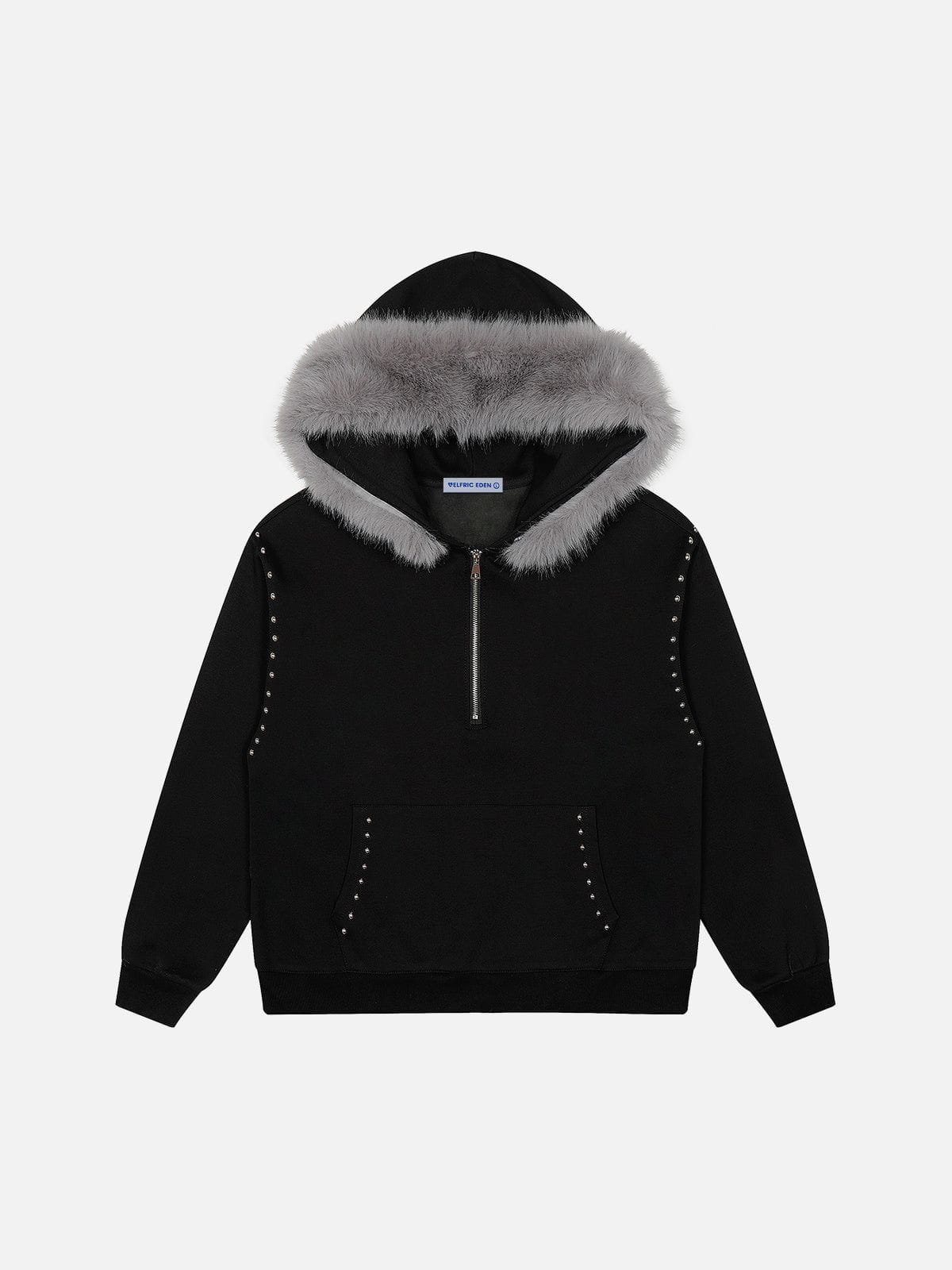 Aelfric Eden Rivet Faux Fur Collar Half Zip Up Hoodie - Image 2