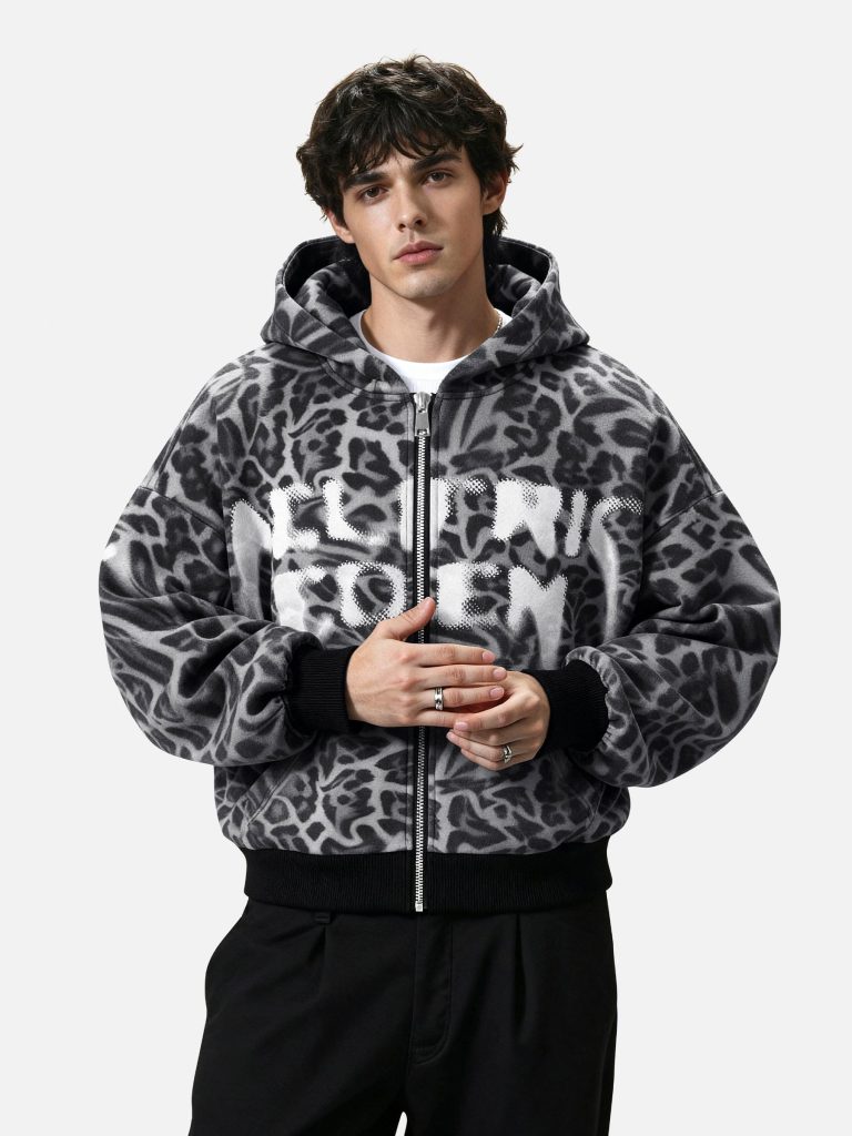 Aelfric Eden Leopard Graffiti Boxy Zip Up Hoodie