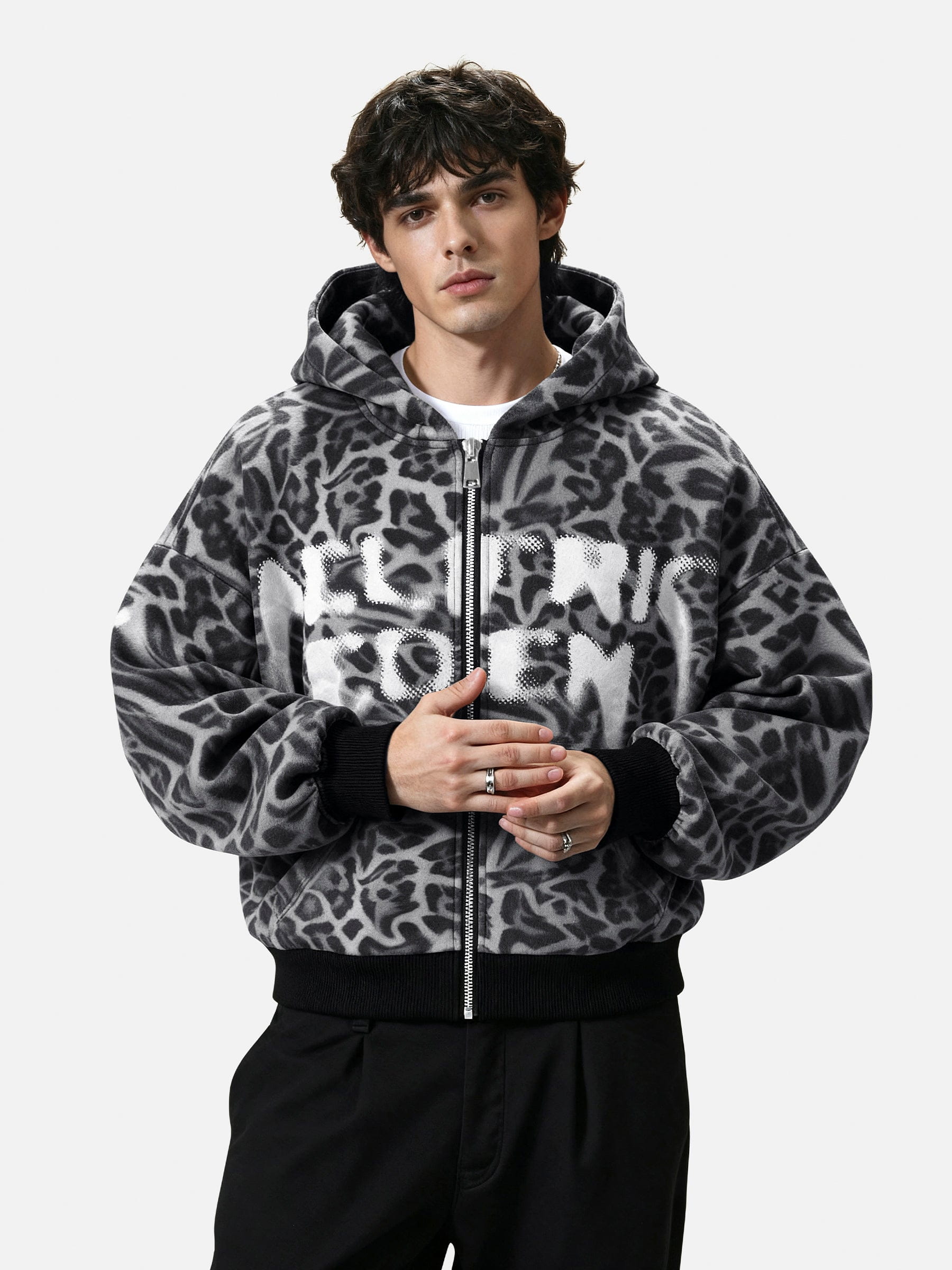 Aelfric Eden Leopard Graffiti Boxy Zip Up Hoodie